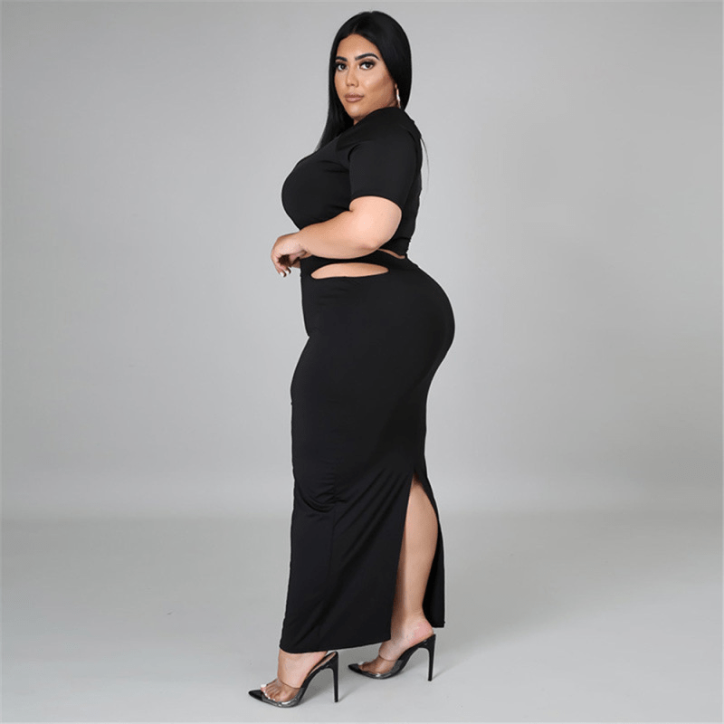Plus Size Cut Out Top & Long Skirt Two Piece Set - Stylish and Flattering Plus Size Outfit Castello Clothing Line