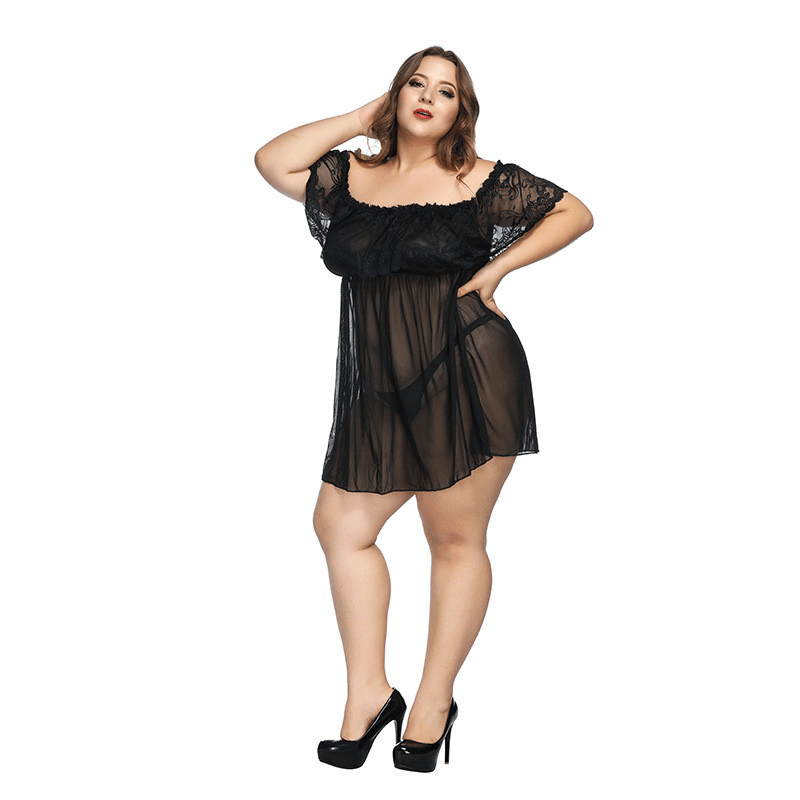 Plus Size Lace Off Shoulder Night Dress with Thong Panty - Sheer Lace/Polyester Material Castello Clothing Line