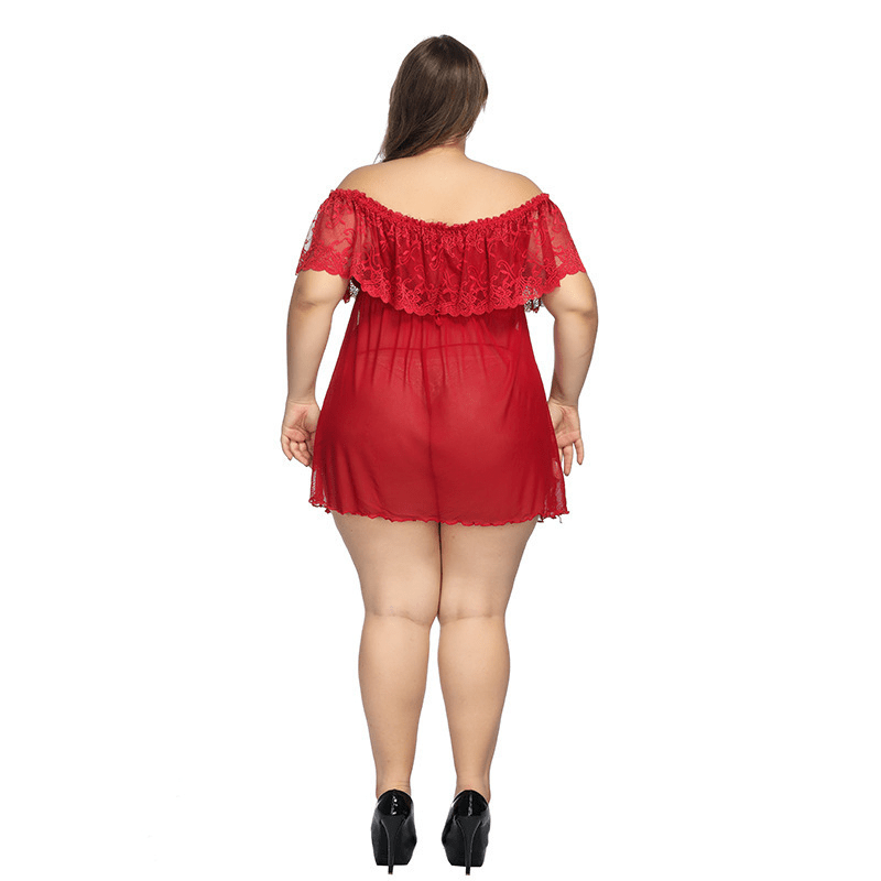 Plus Size Lace Off Shoulder Night Dress with Thong Panty - Sheer Lace/Polyester Material Castello Clothing Line