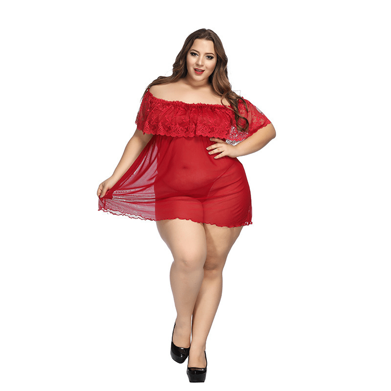 Plus Size Lace Off Shoulder Night Dress with Thong Panty - Sheer Lace/Polyester Material Castello Clothing Line