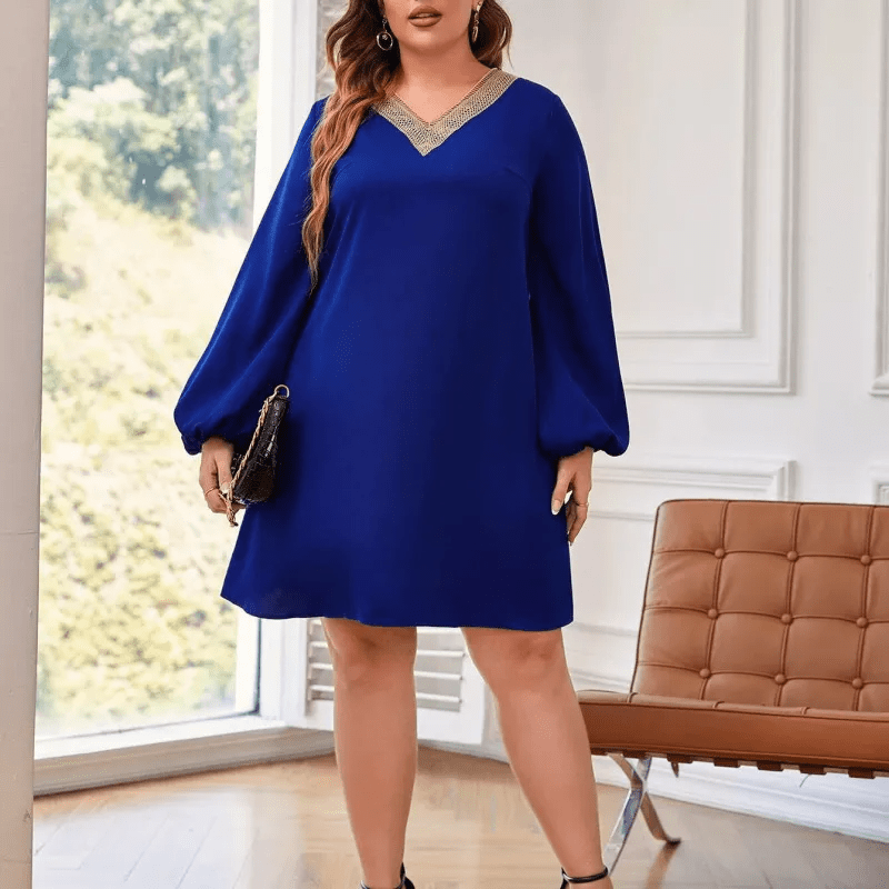 Amara V-Neck Embellished Plus Size Long Sleeve Mini Dress Castello Clothing Line