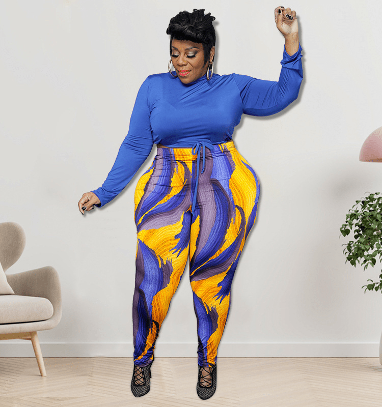 Plus Size Turtle Neck Top & Pencil Pants Set - Long Sleeve Zip Up Back, High Waist, Stretch Waist - Polyester Material Castello Clothing Line