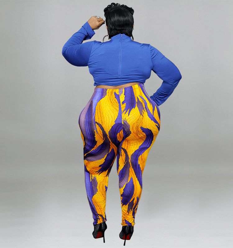 Plus Size Turtle Neck Top & Pencil Pants Set - Long Sleeve Zip Up Back, High Waist, Stretch Waist - Polyester Material Castello Clothing Line