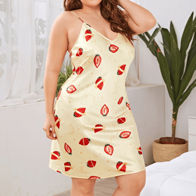 Plus Size V Neck Strawberry Print Nightie  Castello Clothing Line