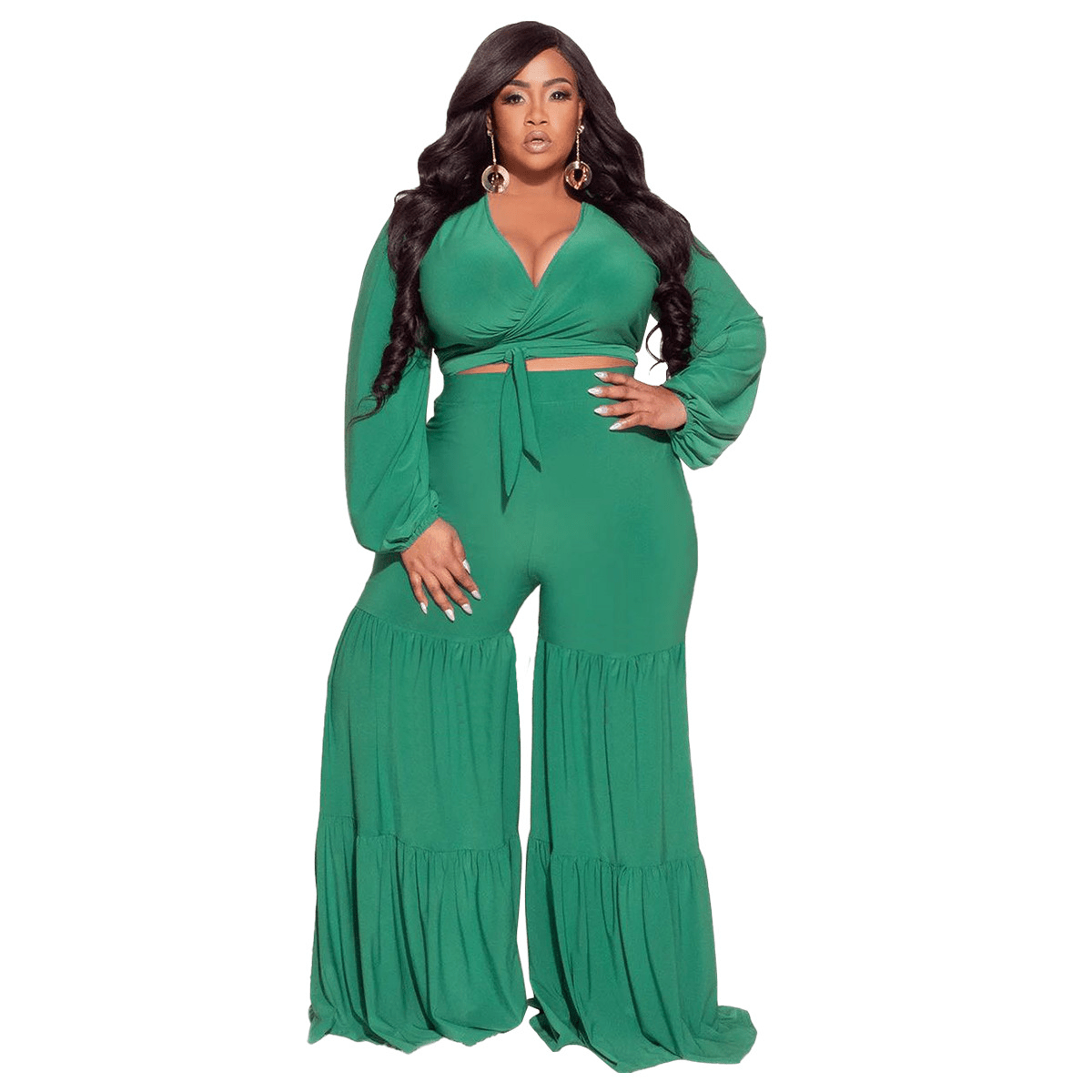 Plus Size V-Neck Wrap Top and High Waist Flare Pants Set Castello Clothing Line
