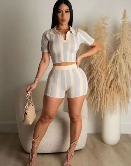 Radiate Striped Collared Back-Tie Top & High-Waist Shorts Set Castello Clothing Line