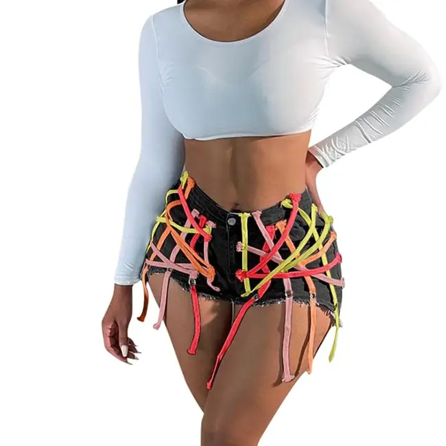 UrbanCage High-Waist Strappy Cutout Denim Shorts Castello Clothing Line