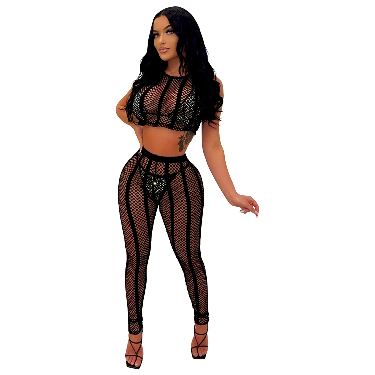 Sheer Crop Top & Skinny Pants Set Castello Clothing Line