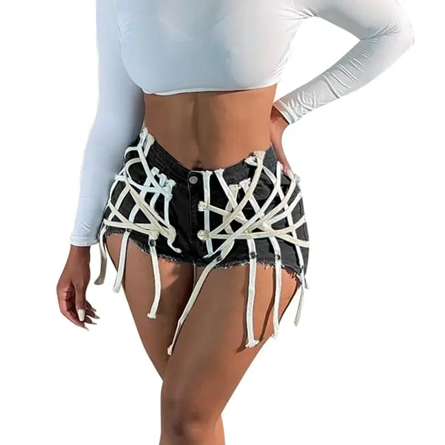 UrbanCage High-Waist Strappy Cutout Denim Shorts Castello Clothing Line