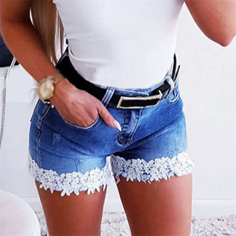 Flirt High-Waist Denim Lace Trim Shorts Castello Clothing Line