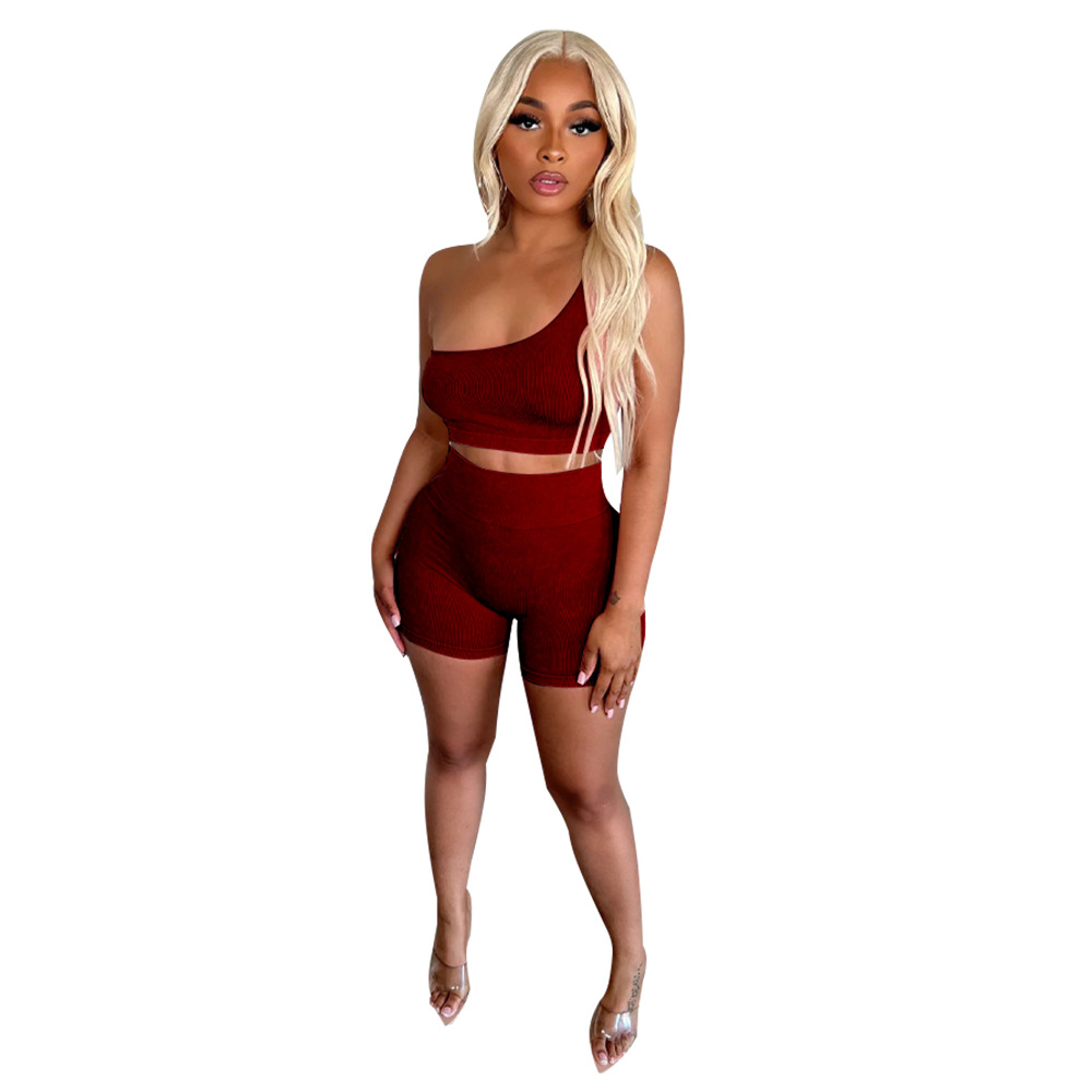 Rush One-Shoulder Ribbed Crop Top & High-Waist Shorts Set Castello Clothing Line