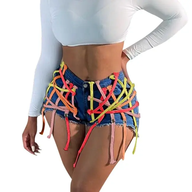 UrbanCage High-Waist Strappy Cutout Denim Shorts Castello Clothing Line