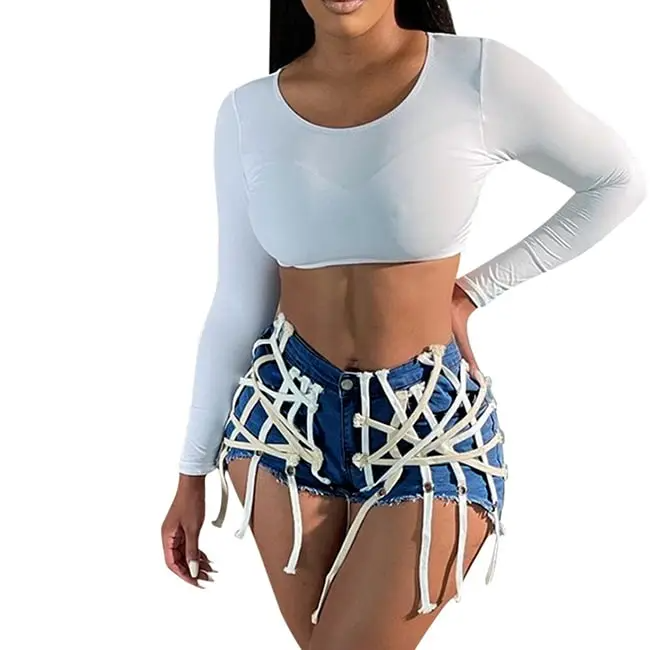 UrbanCage High-Waist Strappy Cutout Denim Shorts Castello Clothing Line