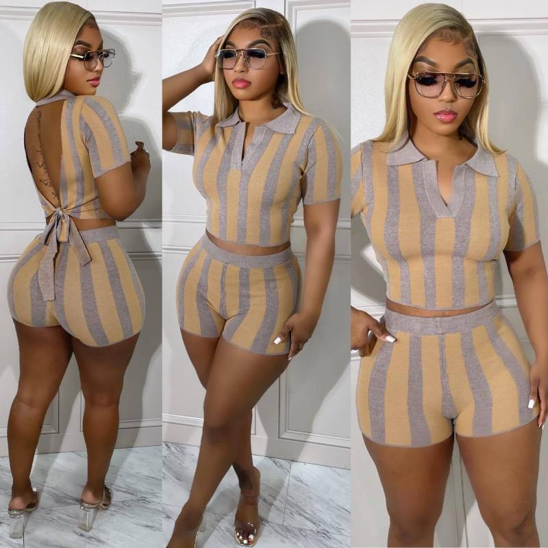 Radiate Striped Collared Back-Tie Top & High-Waist Shorts Set Castello Clothing Line