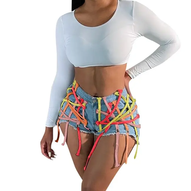 UrbanCage High-Waist Strappy Cutout Denim Shorts Castello Clothing Line