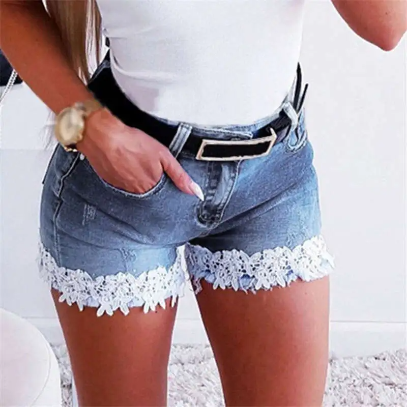 Flirt High-Waist Denim Lace Trim Shorts Castello Clothing Line