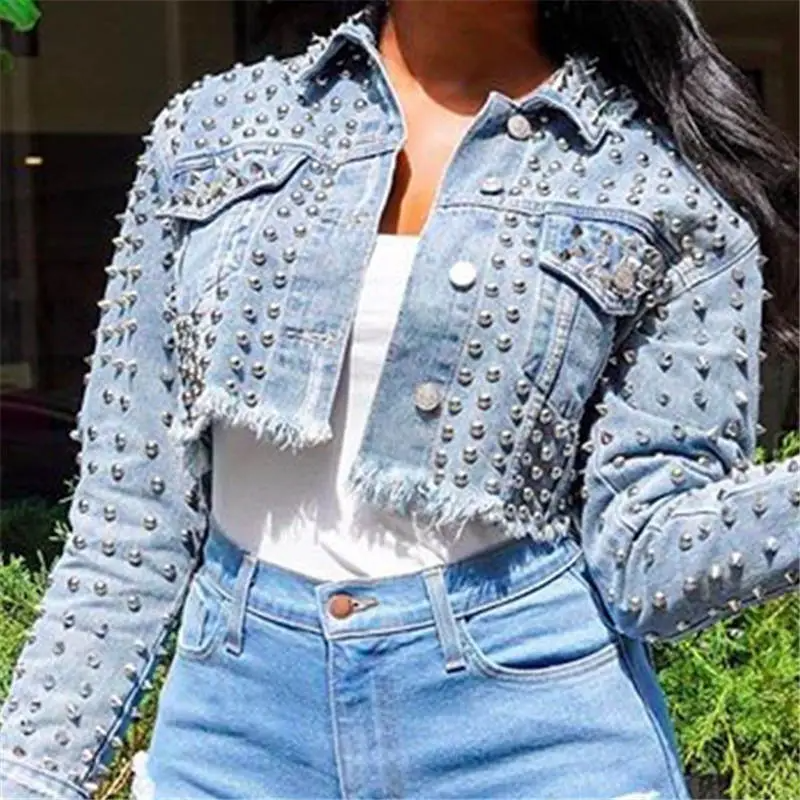 Studded Distressed Cropped Denim Jacket Castello Clothing Line