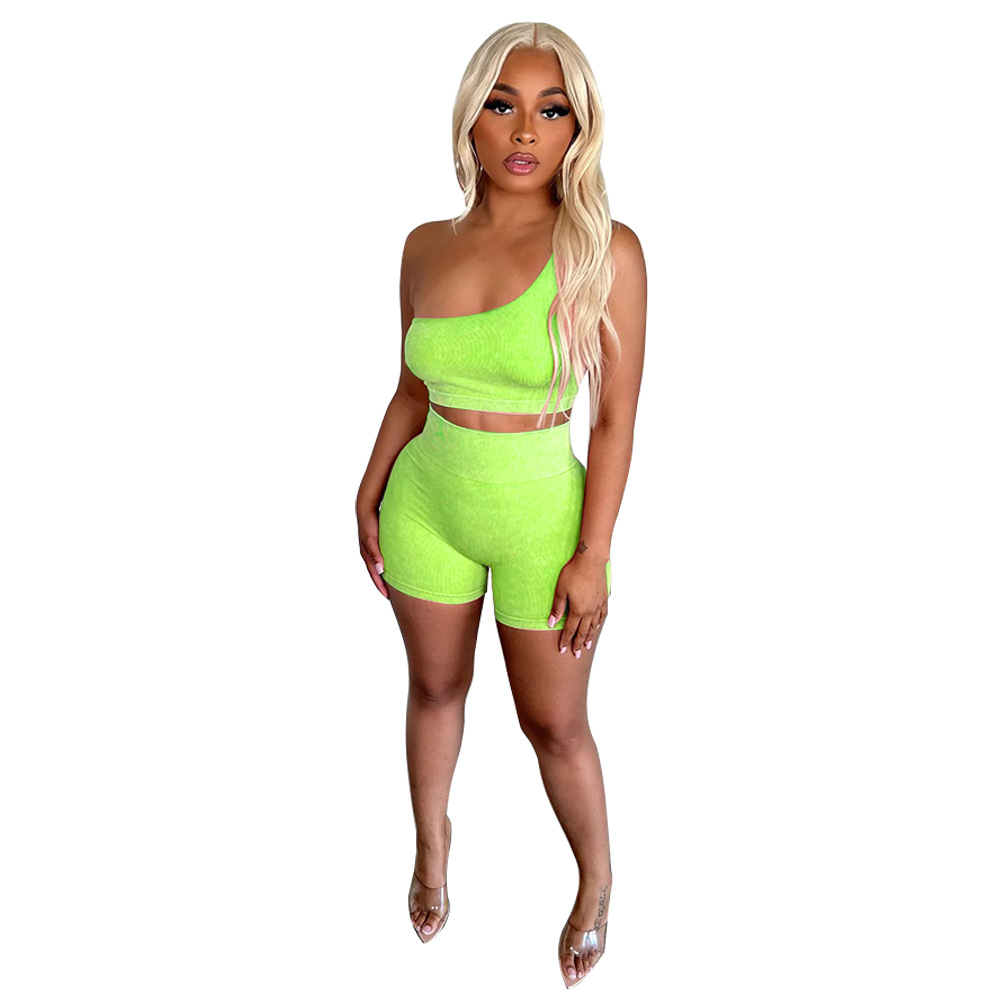 Rush One-Shoulder Ribbed Crop Top & High-Waist Shorts Set Castello Clothing Line