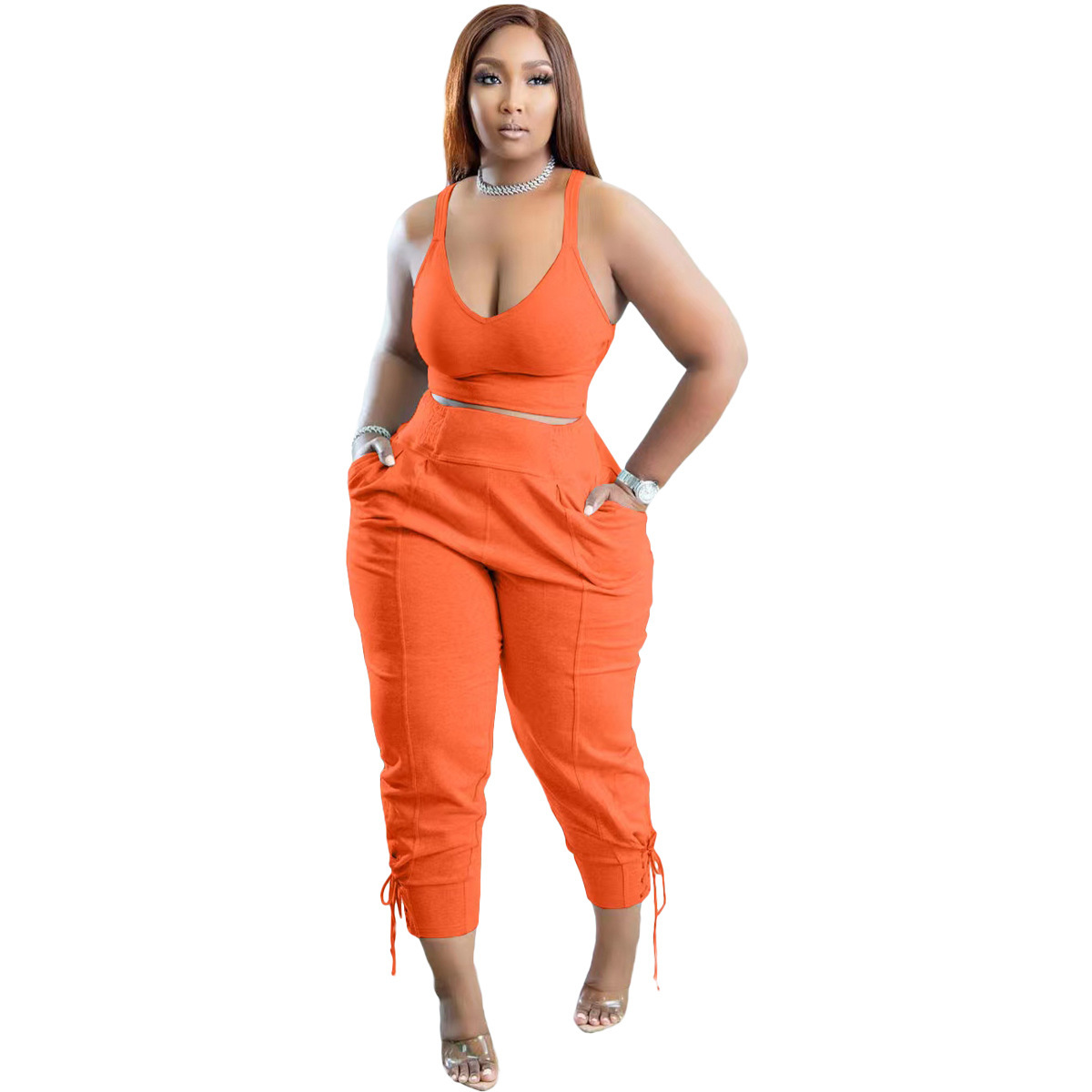 Solid Color High Waist Pant Set with Pockets - Polyester/Cotton Castello Clothing Line