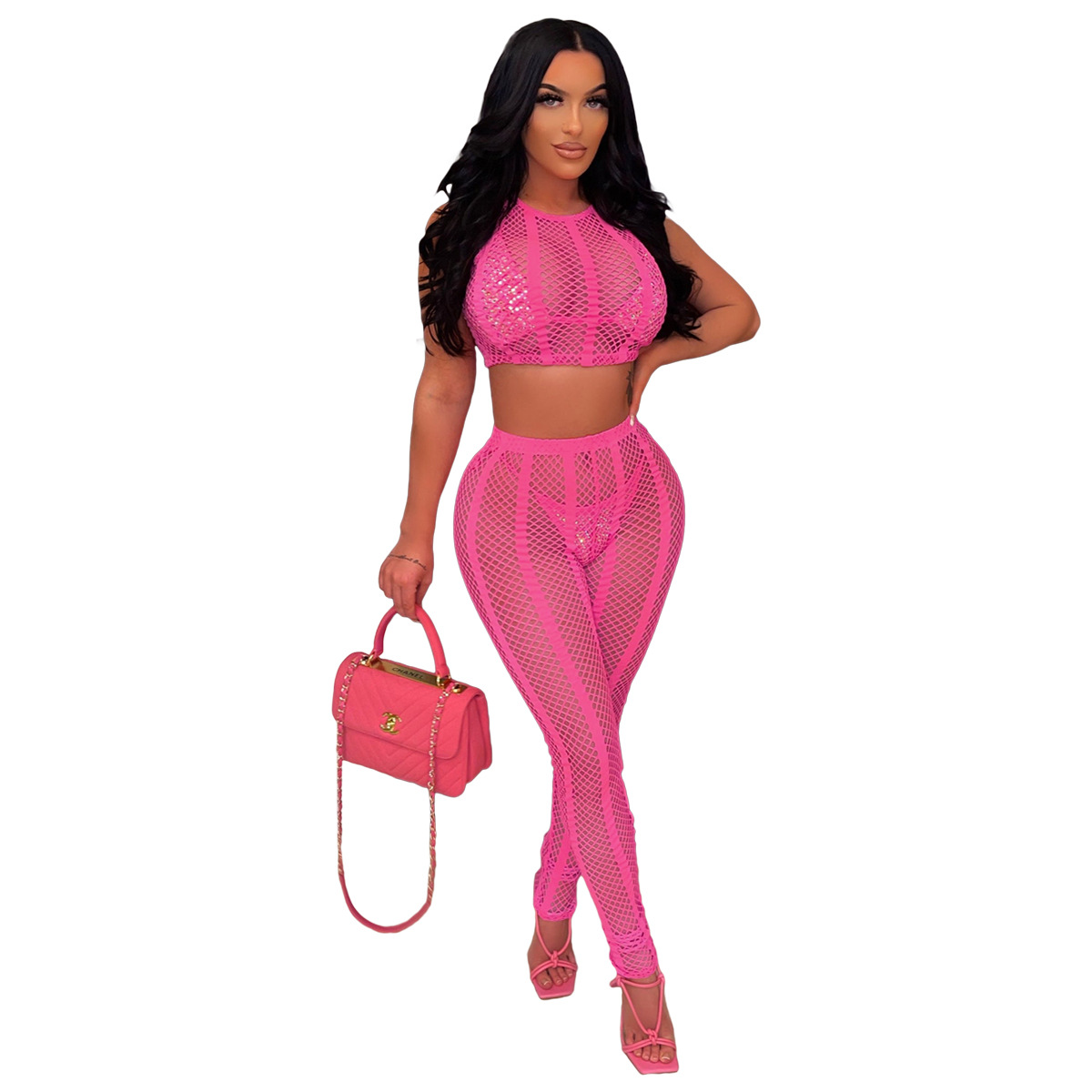 Sheer Crop Top & Skinny Pants Set Castello Clothing Line