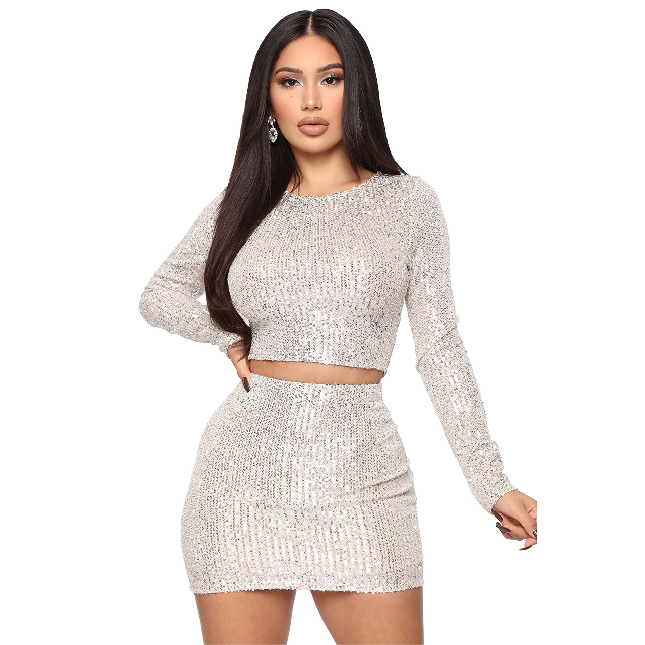 Sequin Long Sleeve Top and Short Skirt Set Castello Clothing Line