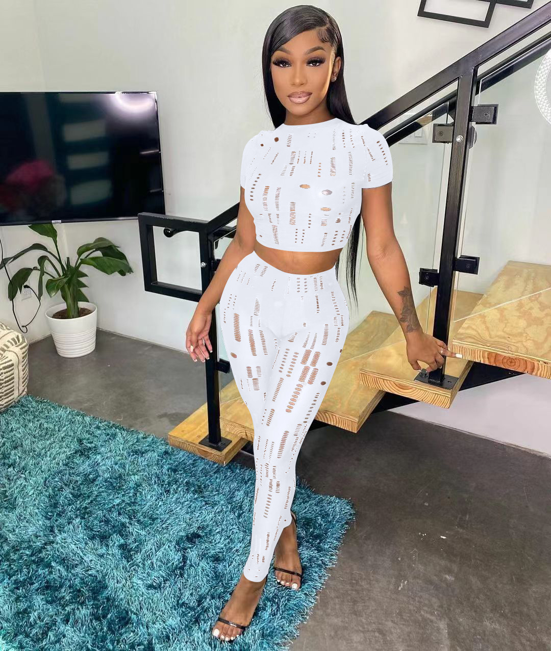 Ripped Crop Top & Pencil Pants Set Castello Clothing Line