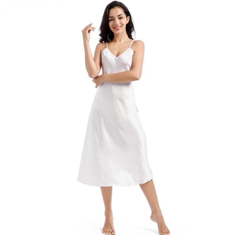 V-Neck Silk/Polyester Midi Nightie with Adjustable Straps Castello Clothing Line