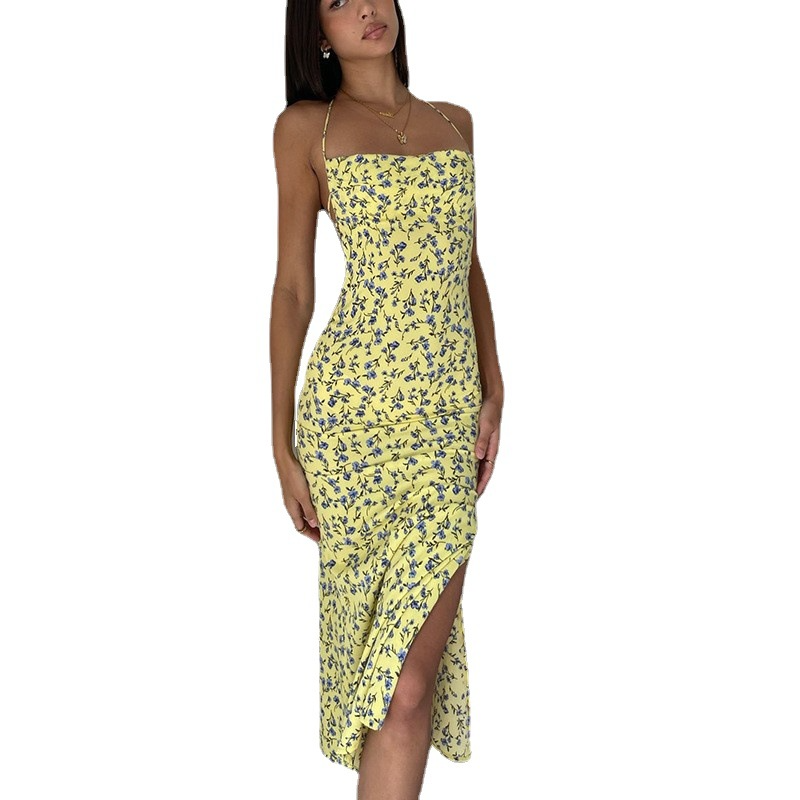 Floral Halter Neck Sundress with Side Slit and Tie Straps Castello Clothing Line