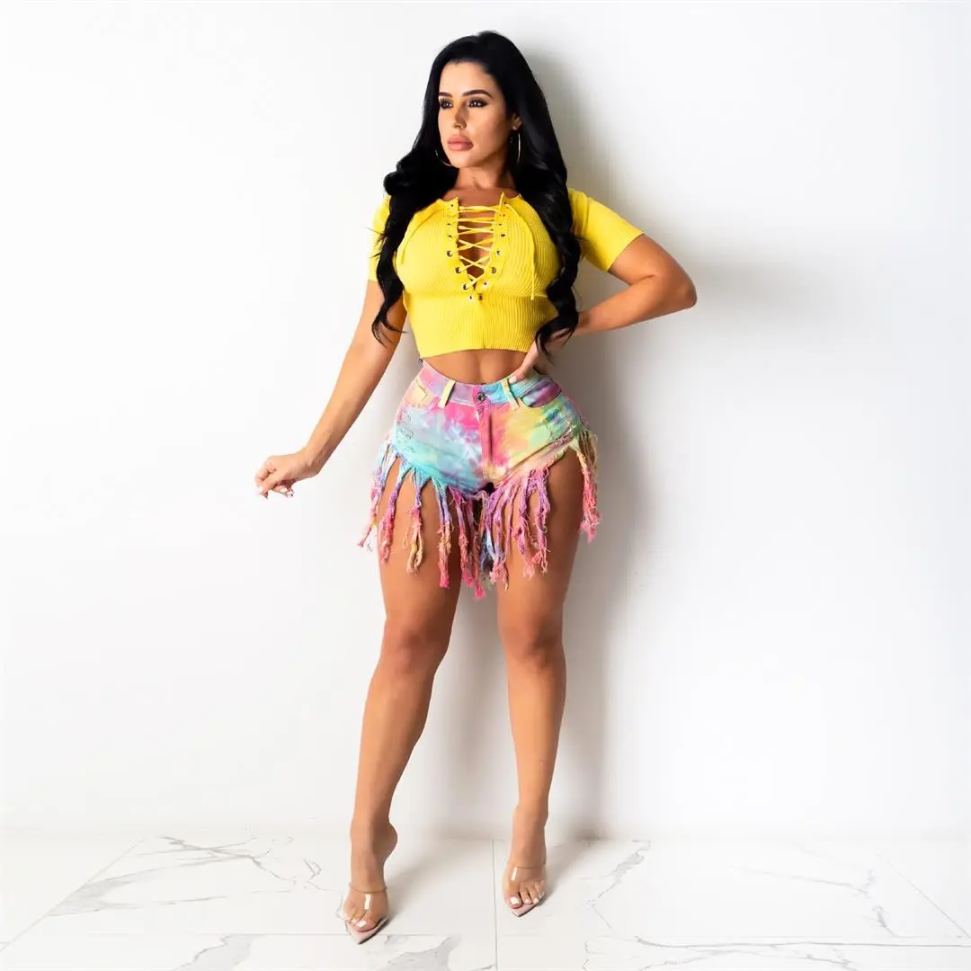 Festival Frenzy High Rise Tie Dye Fringe Denim Shorts Castello Clothing Line