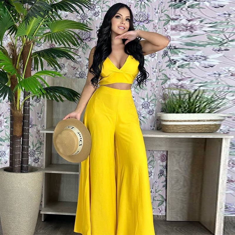 V-Neck Sleeveless Crop Top and High Waist Palazzo Pants Set Castello Clothing Line
