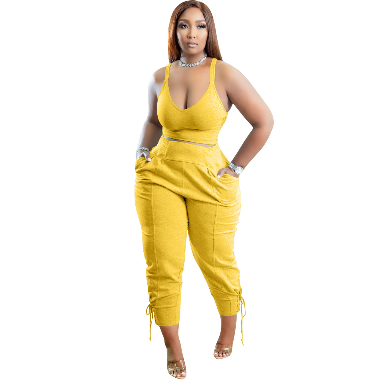 Solid Color High Waist Pant Set with Pockets - Polyester/Cotton Castello Clothing Line