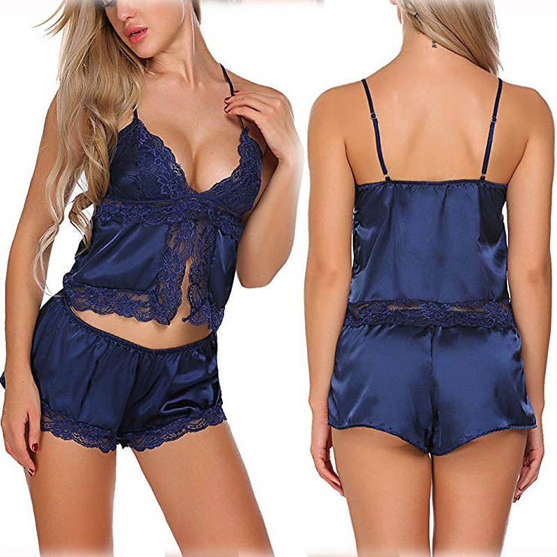 Celeste Kiss Lace Trim Satin Cami & Shorts Loungewear Set Castello Clothing Line