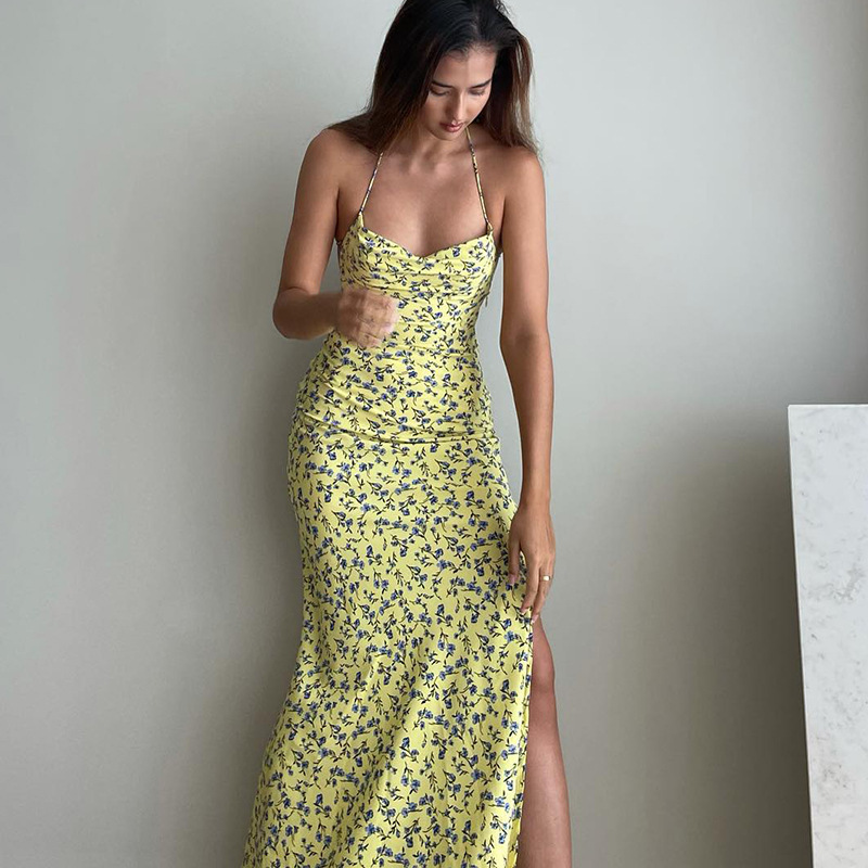 Floral Halter Neck Sundress with Side Slit and Tie Straps Castello Clothing Line