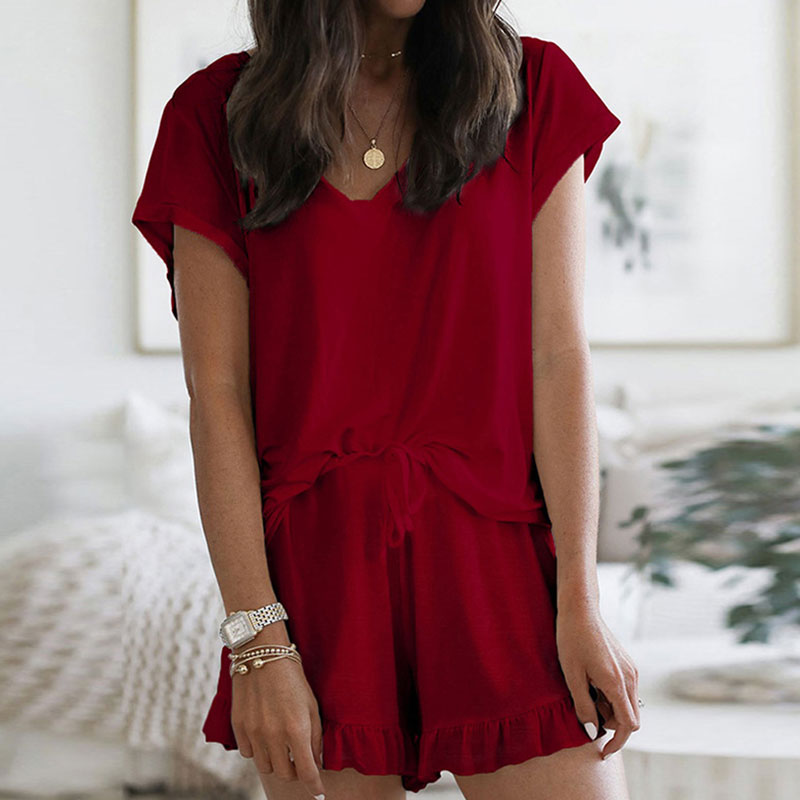 Cozy Bliss V-Neck Ruffle Hem Lounge Set Castello Clothing Line