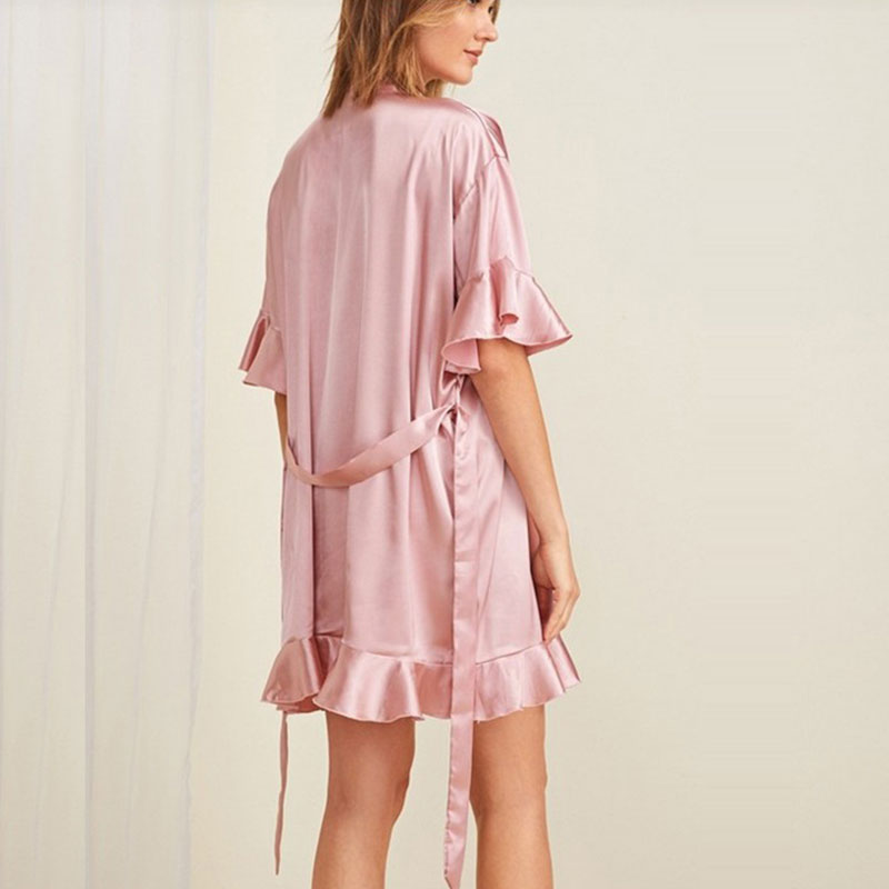 Blush Romance Ruffle Satin Short Wrap Robe Castello Clothing Line