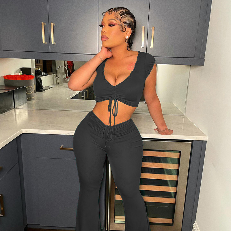 Ruched Crop Top & Flared Pants Set - Trendy 2-Piece Outfit Castello Clothing Line
