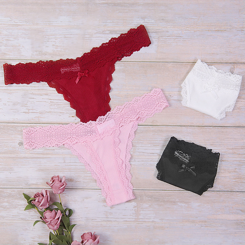 Ribbed Lace Trim Thong Panty Castello Clothing Line