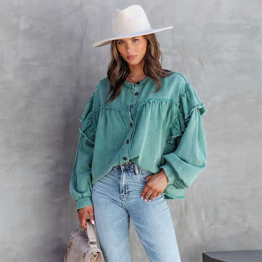 Elevate Frayed Ruffle Button-Up Oversized Denim Shirt Castello Clothing Line