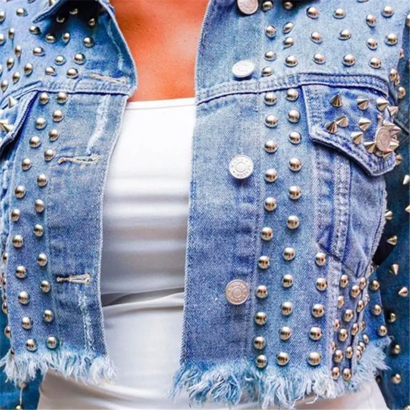 Studded Distressed Cropped Denim Jacket Castello Clothing Line