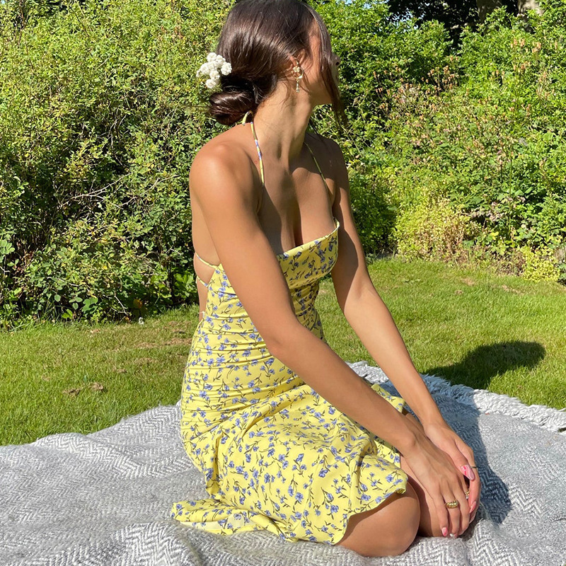 Floral Halter Neck Sundress with Side Slit and Tie Straps Castello Clothing Line