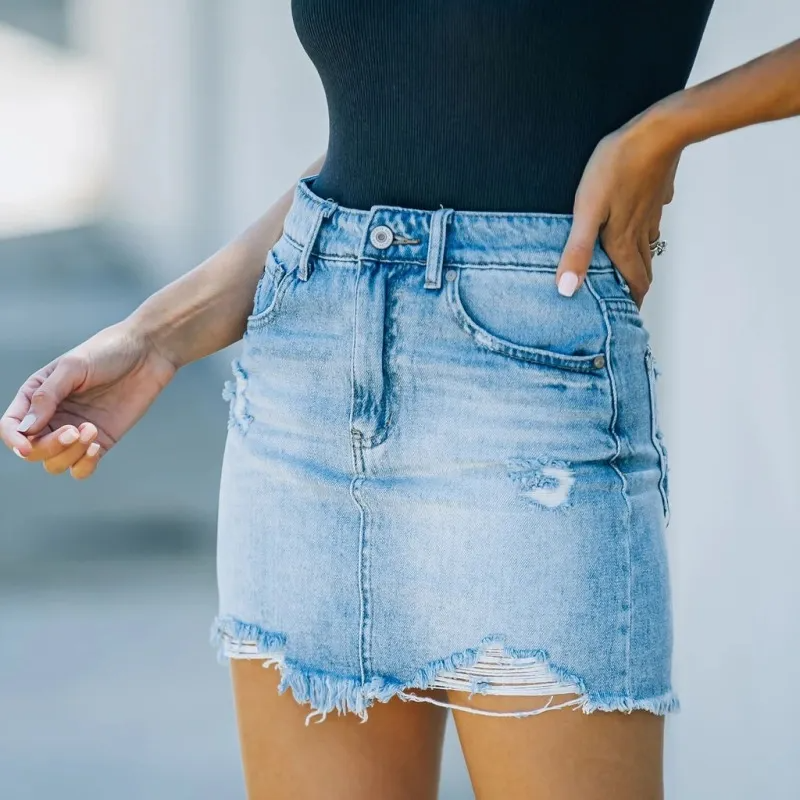 Ripped and Ready High-Waist Denim Mini Skirt Castello Clothing Line