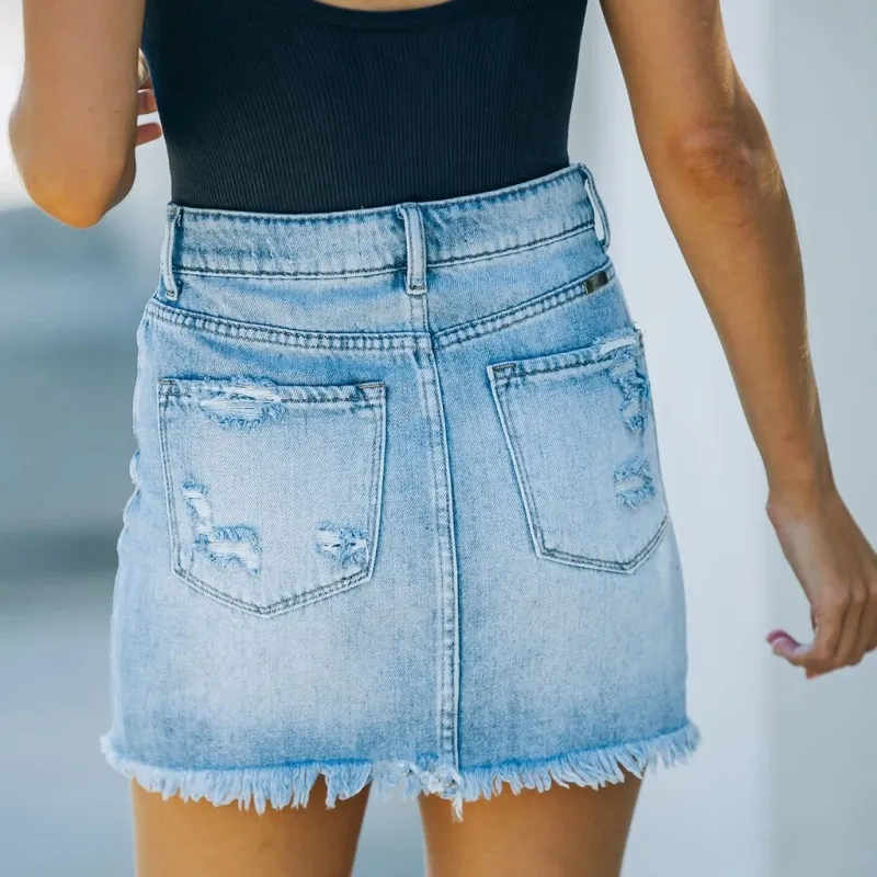 Ripped and Ready High-Waist Denim Mini Skirt Castello Clothing Line