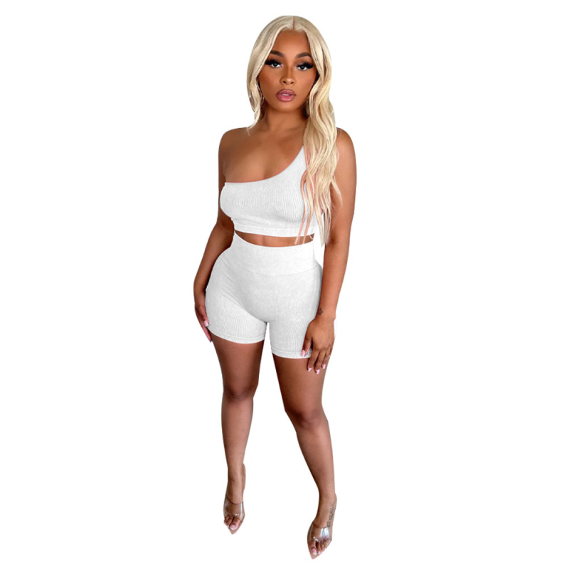 Rush One-Shoulder Ribbed Crop Top & High-Waist Shorts Set Castello Clothing Line
