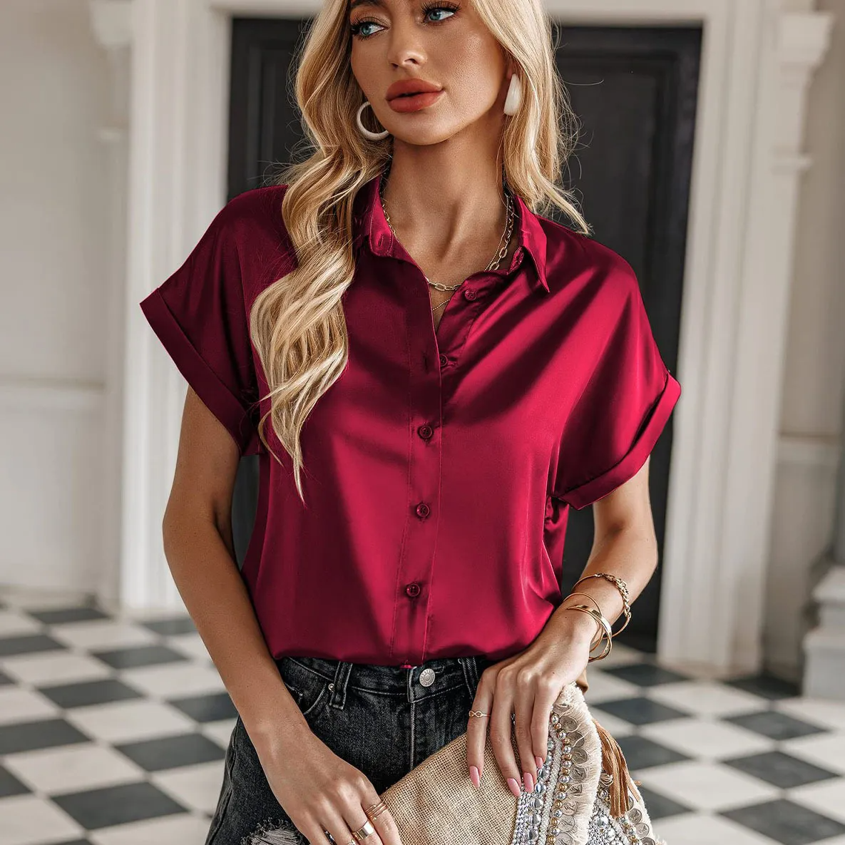 Red Satin Short Sleeve Blouse
