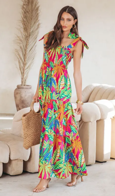 Anya Smocked Tie-Strap Tiered Flare Maxi Dress maxi dress Castello Clothing Line
