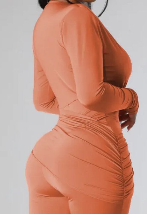 Jinx Long Sleeve Deep V-Neck Ruched Bodycon Jumpsuit women jumpsuits Castello Clothing Line