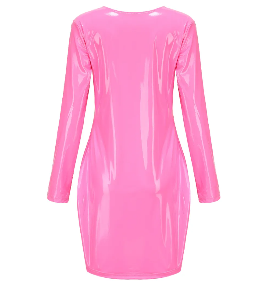 Veronica Plunge Front Long Sleeve Zip-Up Vinyl Mini Dress Castello Clothing Line