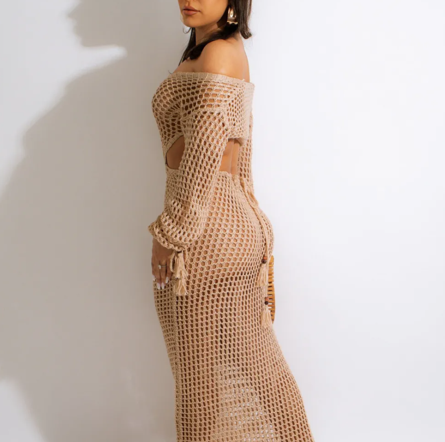 Zarelle Crochet Cut-Out Tassel Sleeve Maxi Dress maxi dress Castello Clothing Line