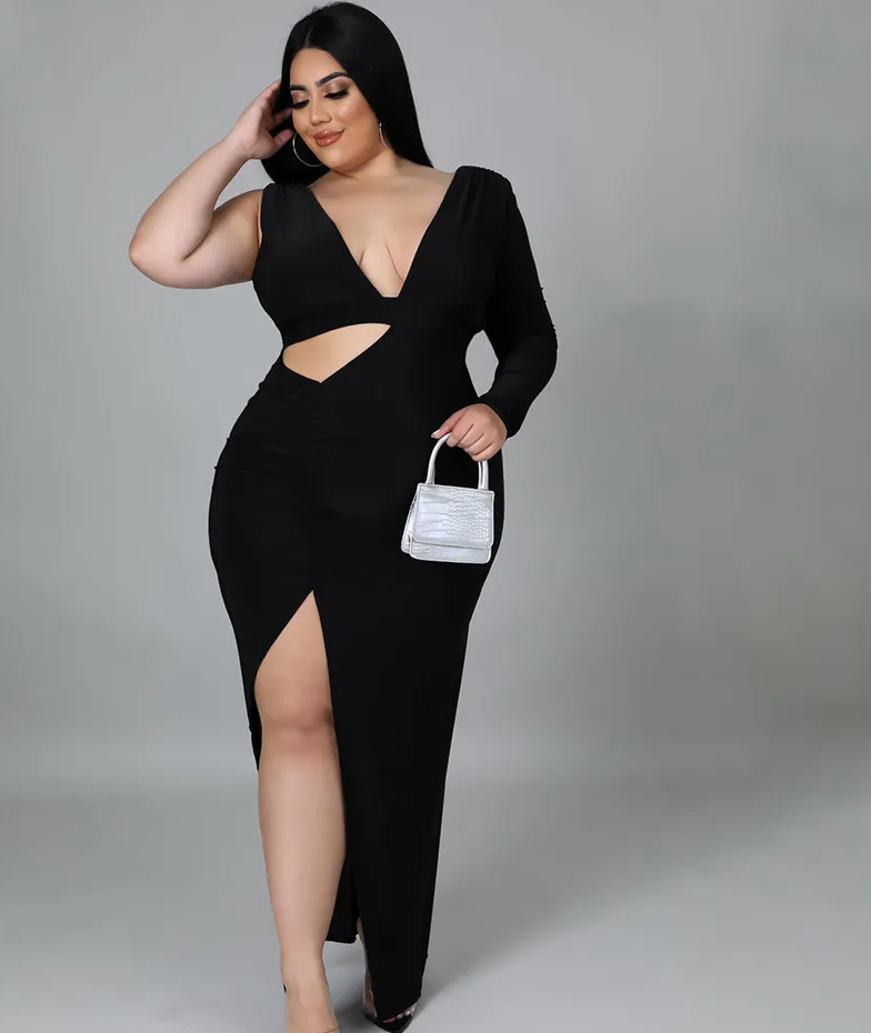 Amina Plus Size One-Shoulder Cutout Bodycon Maxi Dress maxi dress Castello Clothing Line