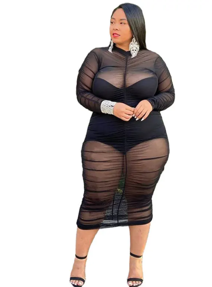 Black Low Cut Bodysuit & Ruched Sheer Midi Dress Set  Castello Clothing Line   